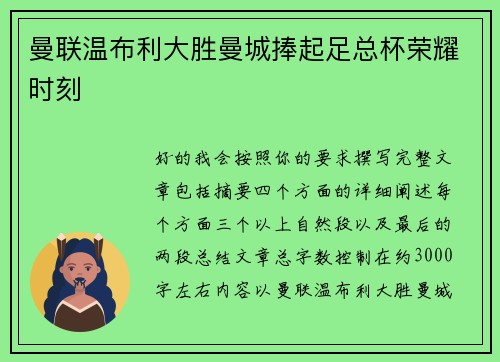 曼联温布利大胜曼城捧起足总杯荣耀时刻 曼联温布利大胜曼城捧起足总杯荣耀时刻